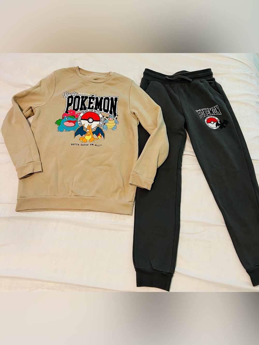 Pokemon Kids Tan Sweatshirt & Grey Joggers Set with Kanto Graphics